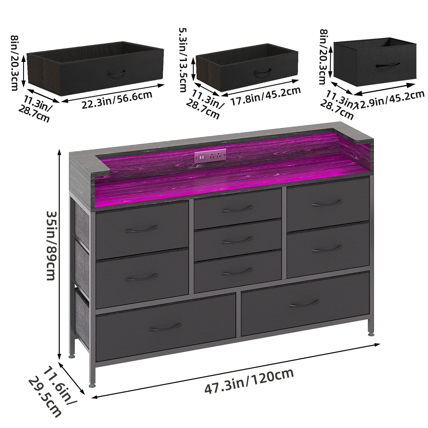 Tomnk woo Black LED Dresser with 9 Drawers, Charging Station, PU Fabric Finish for Living Room, Hallway