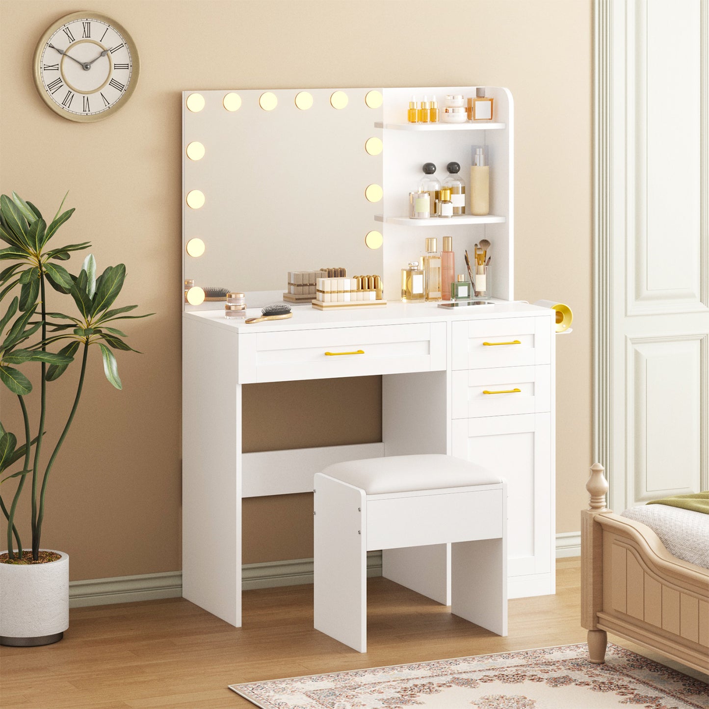 Tomnk White Vanity with Lights Mirrors, Makeup Vanity Desk with Drawers and Chair, Power Outlet
