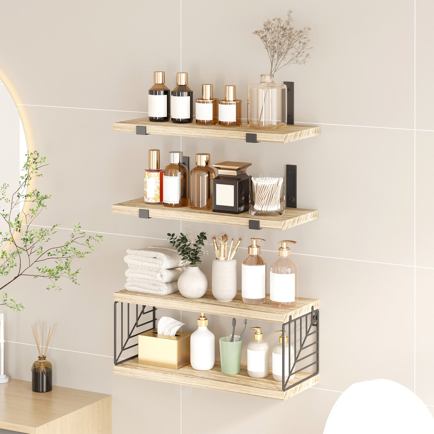 Tomnk Bathroom Floating Shelves, 4 Tiers 15.8in Light Wood Wall Shelves with Metal Basket for Bathroom, Kitchen, Living Room, Natural Finish