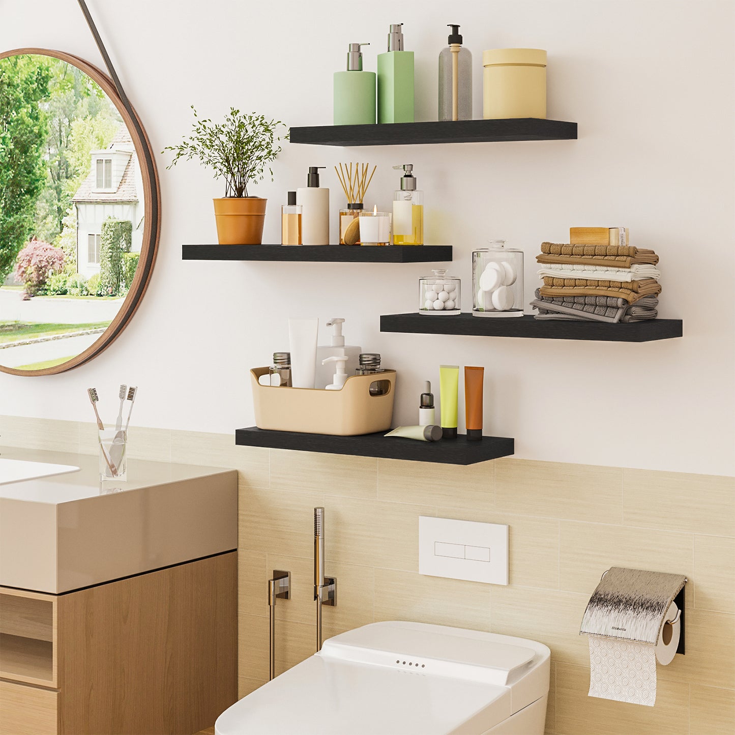 Tomnk 15.8" Floating Wall Shelves, Black Wall Shelf Set of 4, Modern Decorative Shelves with Hidden Brackets for Bedroom, Bathroom, Living Room