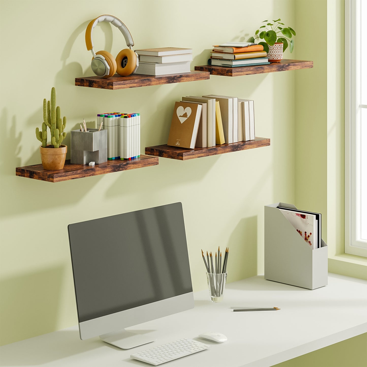 Tomnk 15.8" Floating Wall Shelves, Rustic Brown Wood Wall Shelf Set of 4, Invisible Brackets for Bathroom, Bedroom, Living Room, Kitchen