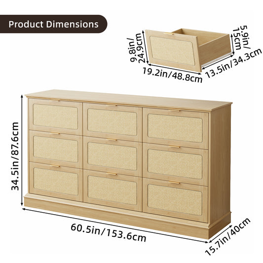 Tomnk 9 Drawers Rattan Dresser, 60in Boho Wooden Dresser for Bedroom, TV Stand for Bedroom, Living Room, Entryway, Nature Wood Color