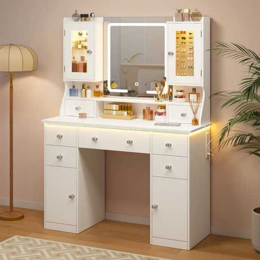 Tomnk woo 42" Vanity Desk with LED Mirror, RGB Lights, 7 Drawers, 2 Cabinets, Adjustable Brightness, White