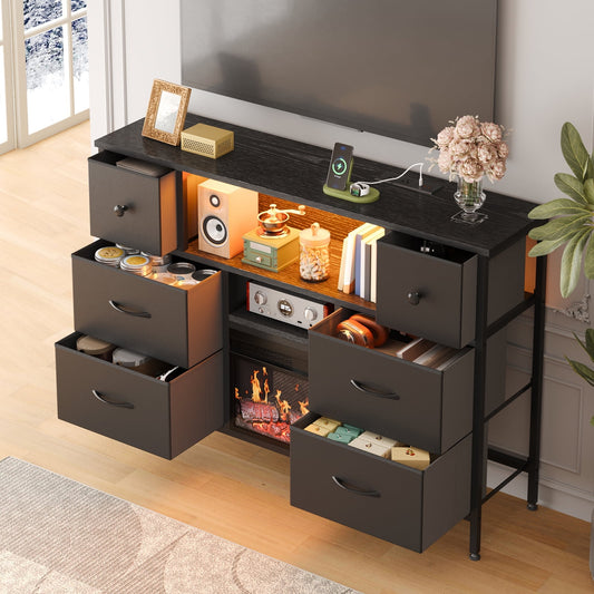 TOMNK 43" Modern Fireplace TV Stand with 13" Electric Fireplace for TVs Up to 66 inch, Luxury LED Light Entertainment Center with High Gloss Cabinet, TV Consoles for Living Room, Black