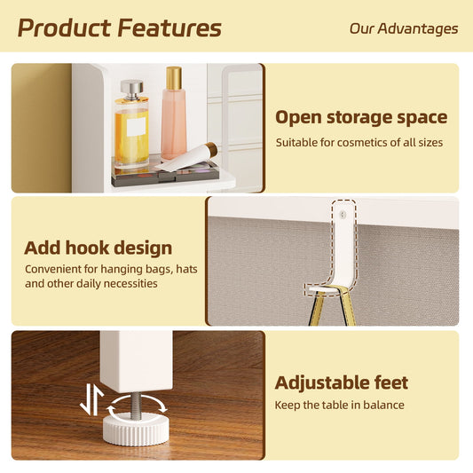 TOMNK Vanity Desk with Mirror Lights, 5 Drawers, Stool, Charging Station, Hooks & Hair Dryer Holder, White