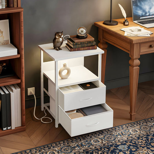 Fairy Night Stand with Charging Station, Bed Side Table, Nightstand with 2 Fabric Storage Drawers, White