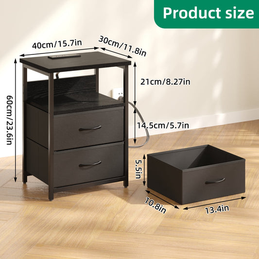 Tomnk Woo Night Stand Set of 2, Nightstand with Charging Station, End Table, Bed Side Table, Black
