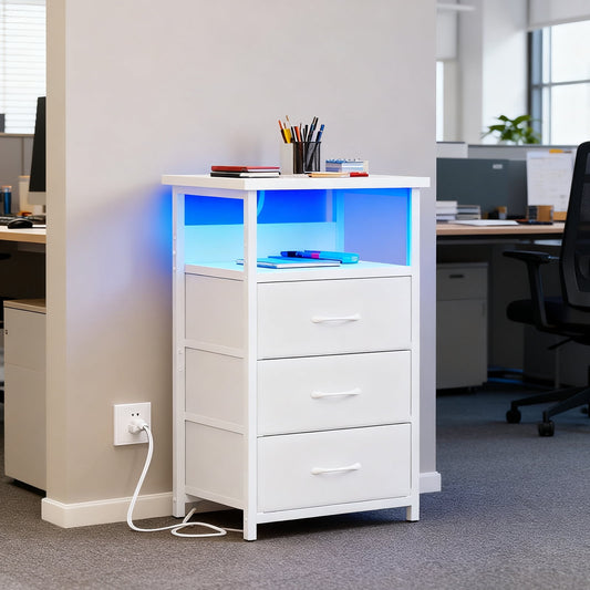 Fairy Night Stand with Charging Station, Bed Side Table, Nightstand with 3 Fabric Storage Drawers, White