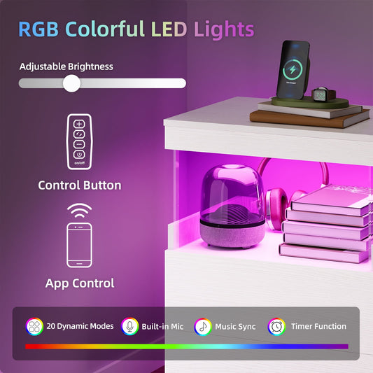 TOOMNK White Nightstand with Charging Station, Bedside Table for Bedroom, LED Nightstand, Modern Night Stand with Drawers, White