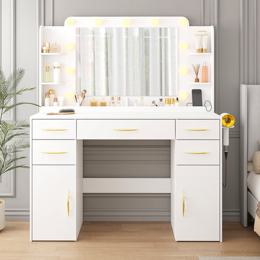 Tomnk woo White Vanity Desk with Mirror, Lights, Drawers, Cabinets, Shelves & Power Outlet,45.5"
