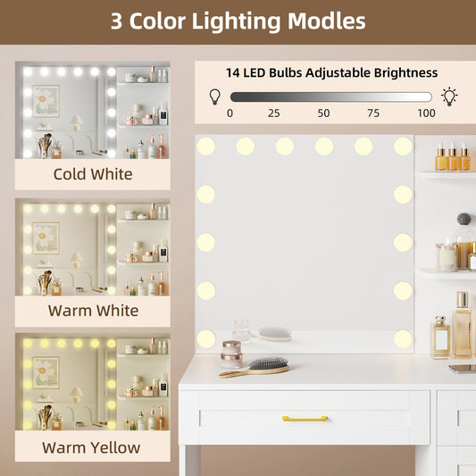 Tomnk White Vanity with Lights Mirrors, Makeup Vanity Desk with Drawers and Chair, Power Outlet