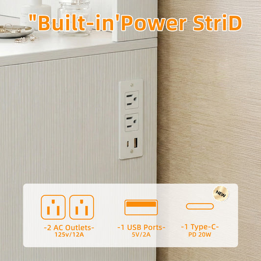 TOMNK 43.3" Vanity Desk with Mirror, LED Lights and Power Outlet Makeup Vanity Table with 11 Drawers Dressing Table for Bedroom Dressing Room (White)