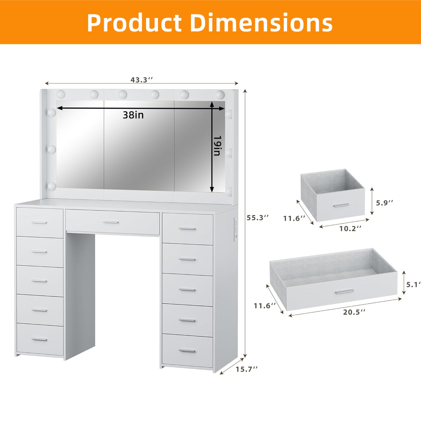 TOMNK 43.3" Vanity Desk with Mirror, LED Lights and Power Outlet Makeup Vanity Table with 11 Drawers Dressing Table for Bedroom Dressing Room (White)