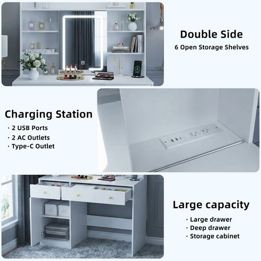 TOMNK Vanity Desk with LED Lights Mirror & Power Outlet, Small Makeup Vanity Table Set with Storage Drawers, 3 Lighting Modes & Adjustable Brightness, Dressing Table for Women Girls Bedroom, White