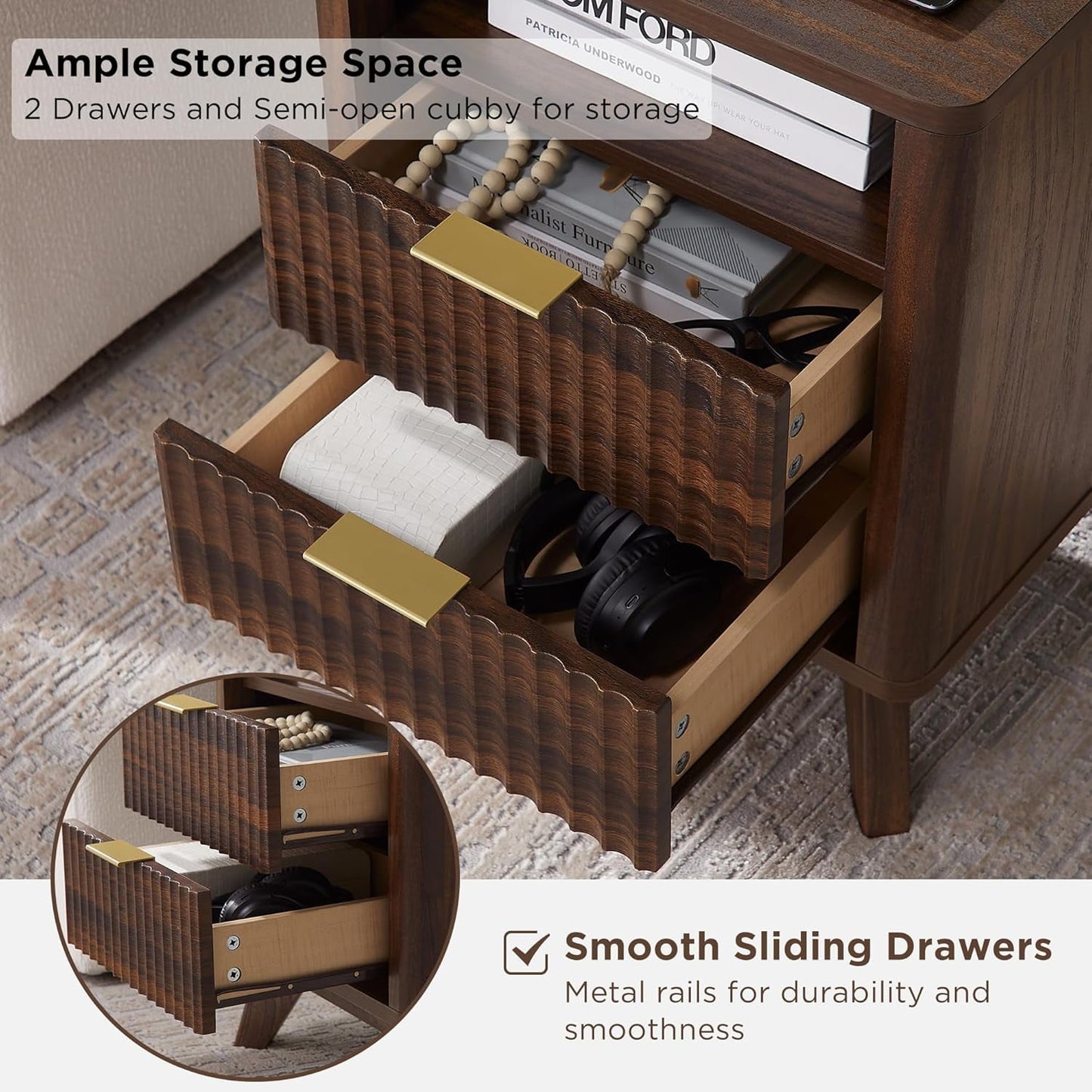 TOMNK Fluted Nightstand with Charging Station, 18" Modern Side Table, 2 Drawers End Table with Storage, Bedside Table for Bedroom, Living Room, Curved Profile Design, Dark Walnut