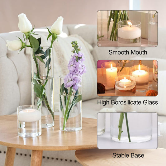 Tomnk 3Pcs Cylinder Vases for Centerpieces, Different Sizes Tall Clear Vases for Wedding Centerpieces, 4'' + 8'' + 12''(High), Clear