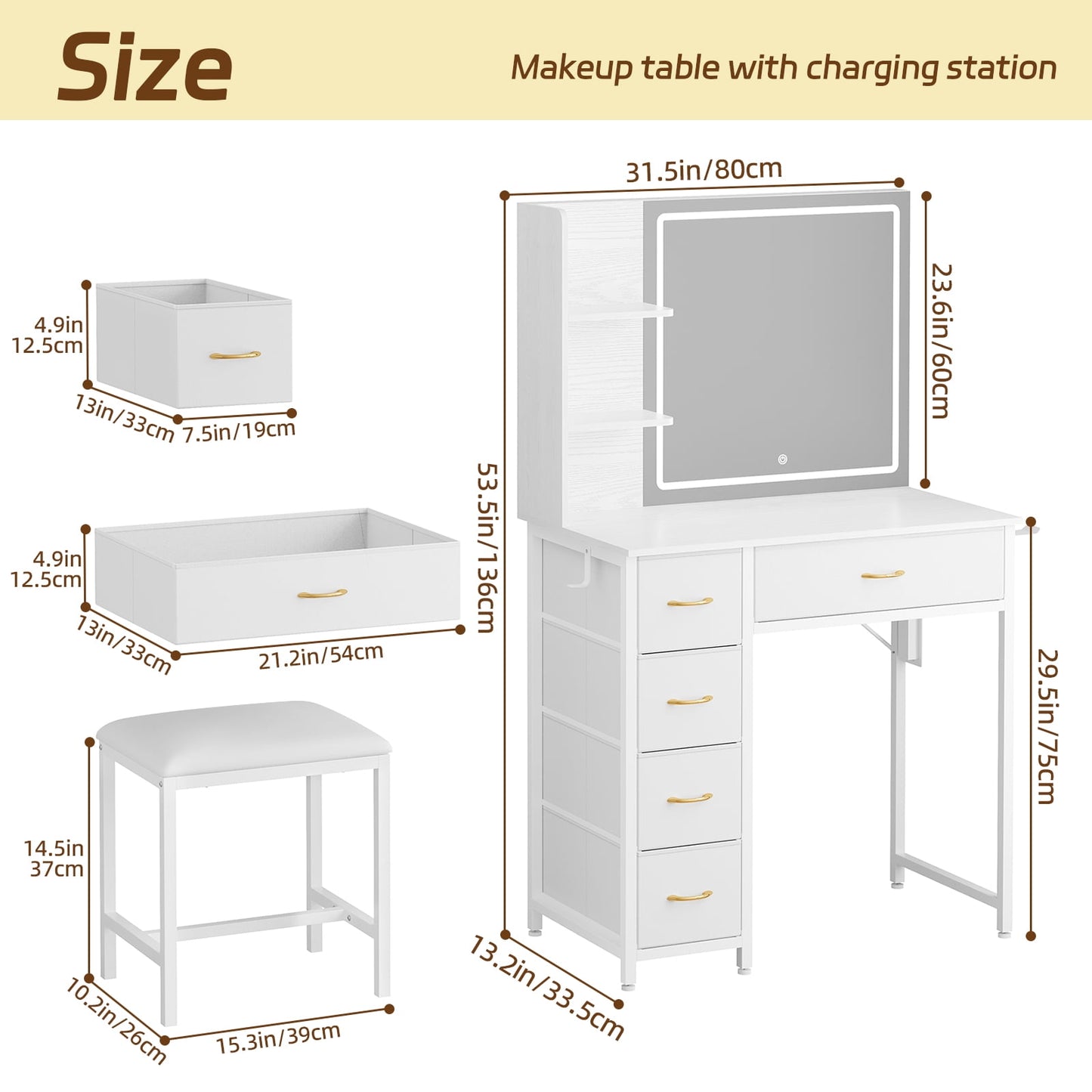 TOMNK Vanity Desk with Mirror Lights, 5 Drawers, Stool, Charging Station, Hooks & Hair Dryer Holder, White