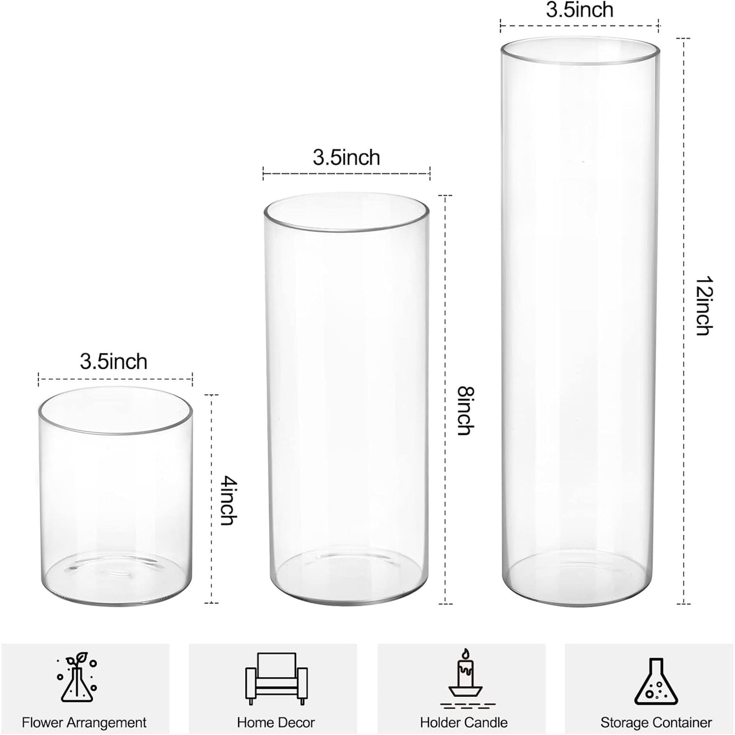 Tomnk 3Pcs Cylinder Vases for Centerpieces, Different Sizes Tall Clear Vases for Wedding Centerpieces, 4'' + 8'' + 12''(High), Clear
