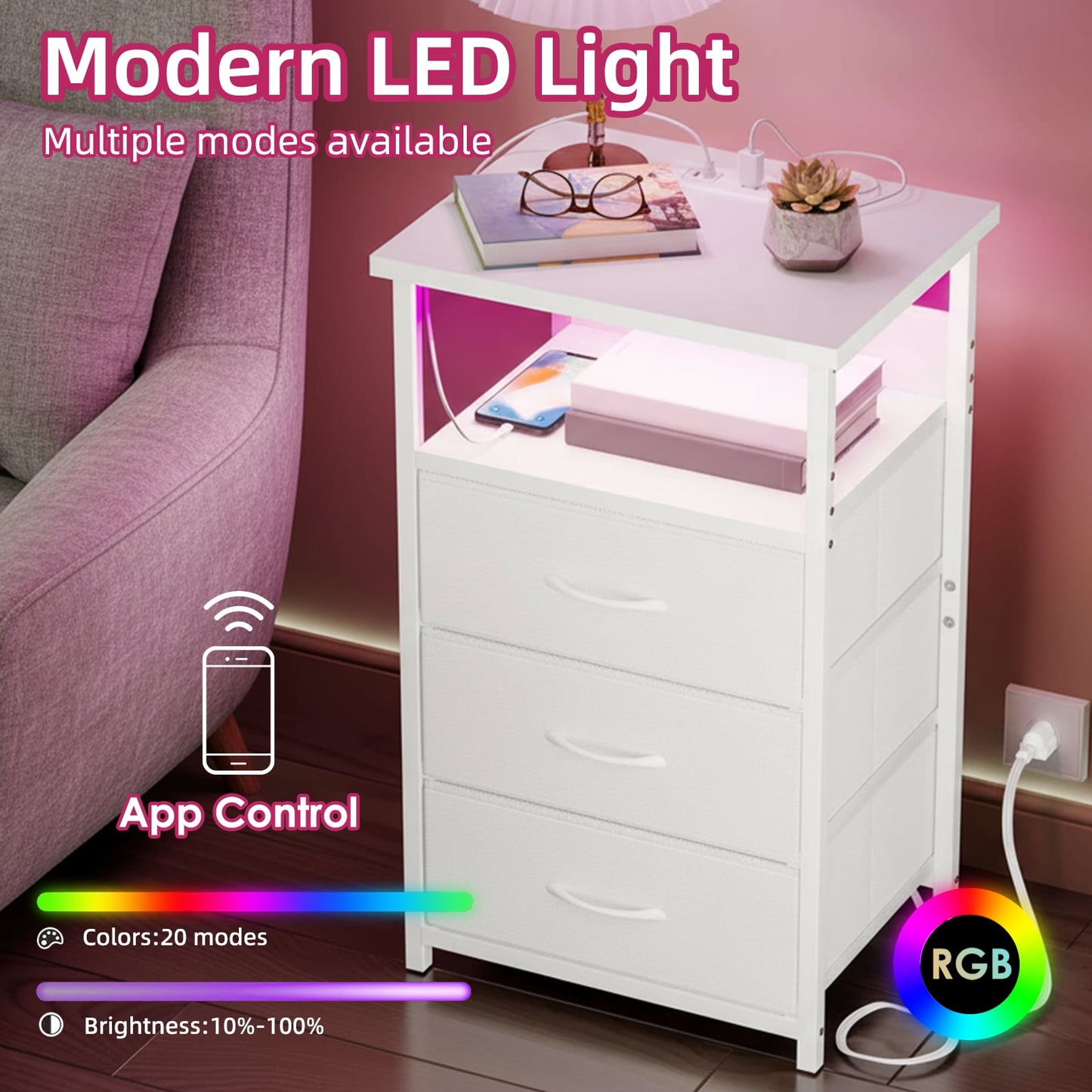 Fairy Night Stands Set of 2 with Charging Station, Bed Side Table, LED Nightstand with 3 Fabric Drawers, White