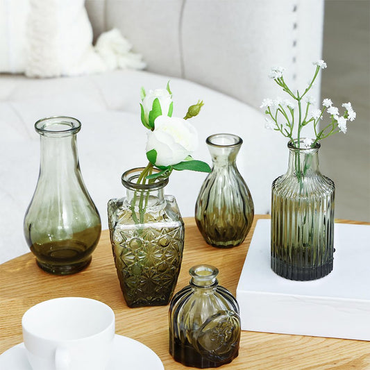 Tomnk Small Vases 14pcs Glass Bud Vase Set in Bulk, Gradual Green Relief Vase for Centerpieces, Mini Vintage Glass Flower Vases for Wedding Home Table Party Decor