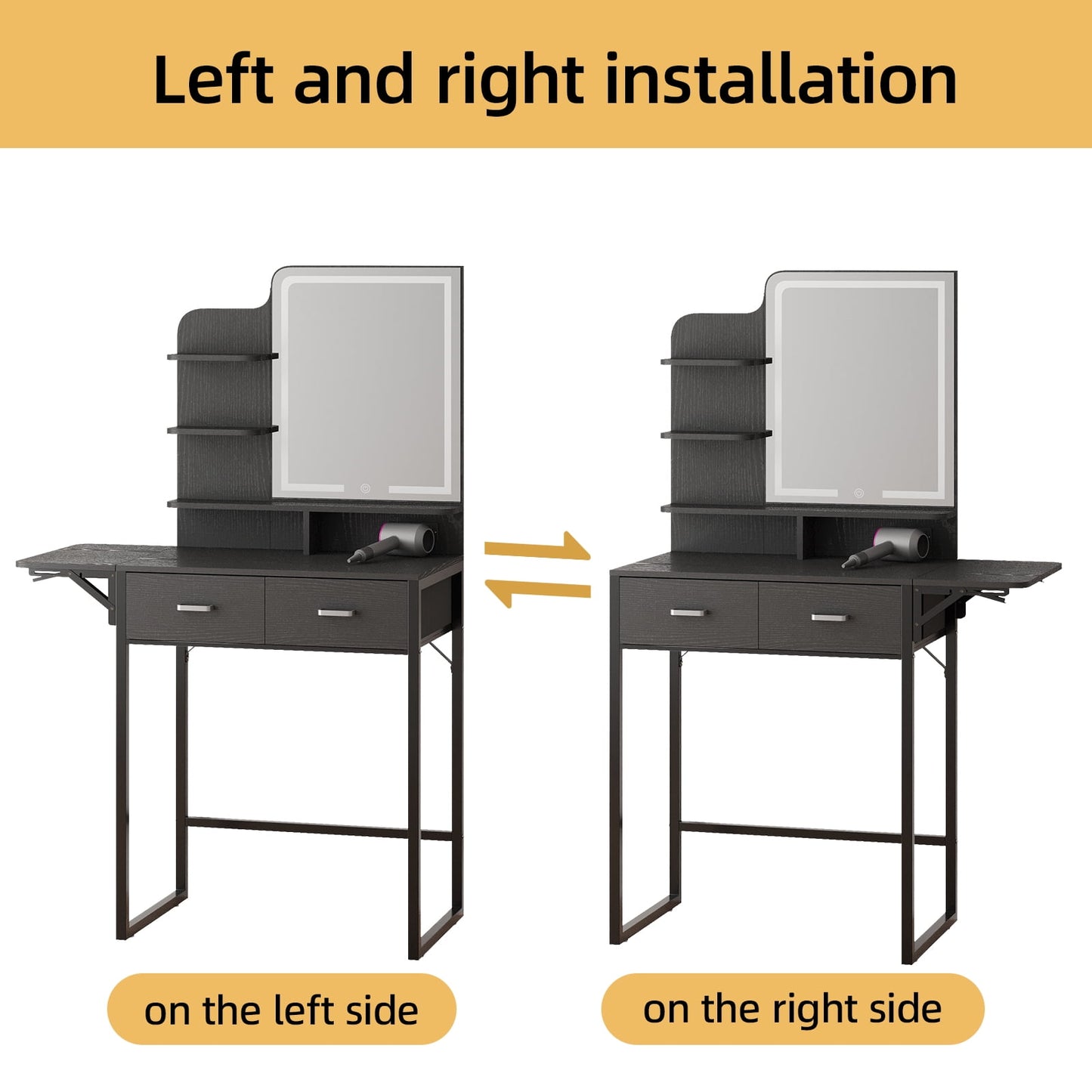 Tomnk woo Black Vanity Desk with Mirror, LED Lights, Storage Shelves, Drawers & Chair