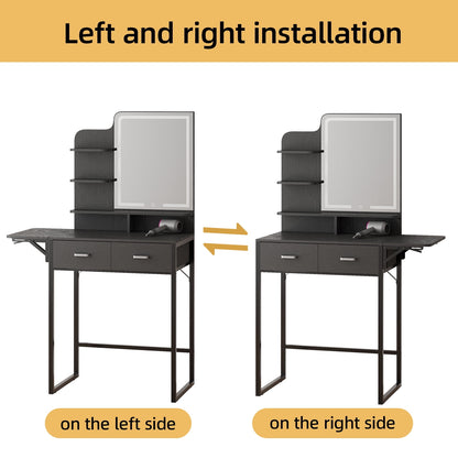 Tomnk woo Black Vanity Desk with Mirror, LED Lights, Storage Shelves, Drawers & Chair