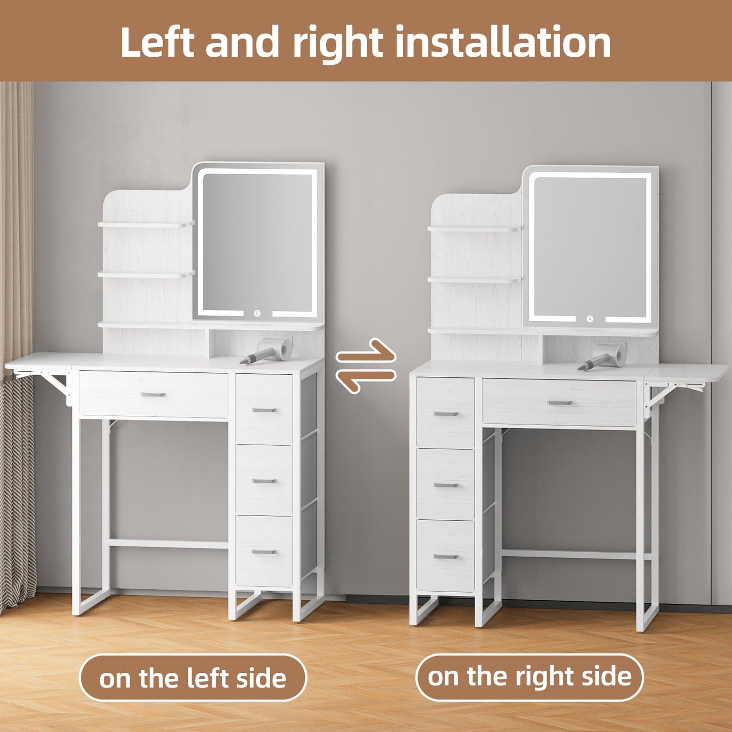 Tomnk woo Makeup Vanity Desk with LED Mirror, Lights, 4 Drawers, USB Ports & Stool, White