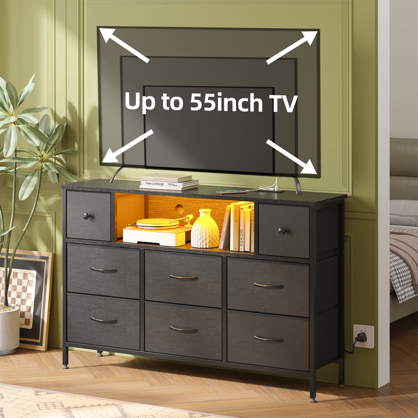 Tomnk woo Black Dresser with LED Lights and Power Outlets, 55" TV Stand with 8 Drawers for Bedroom, Living Room