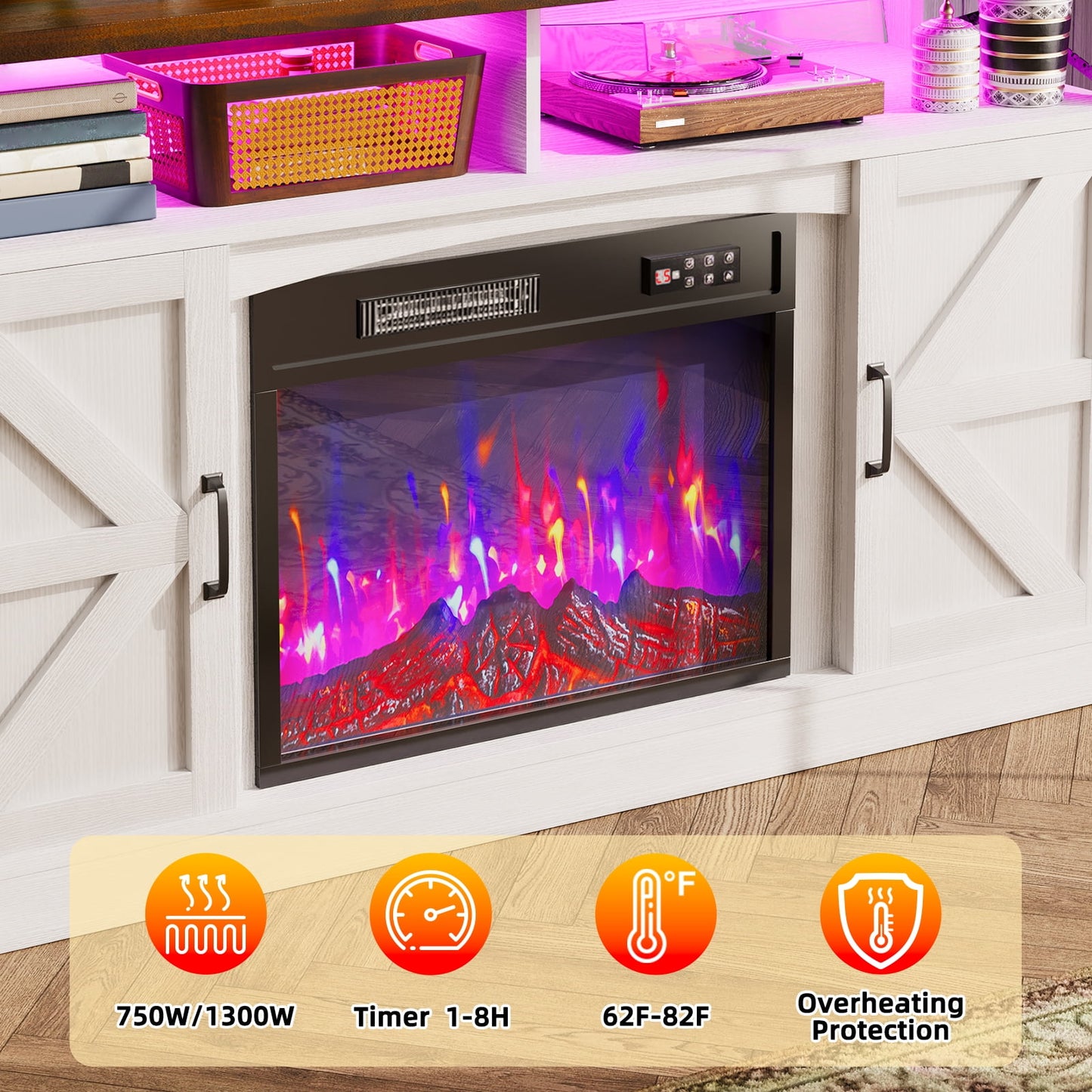 TOMNK Fireplace TV Stand for Television up to 65+ Inch with Storage and Farmhouse Sliding Barn Doors, Entertainment Center with Cabinet and Shelves, Media Console for Living Room, White