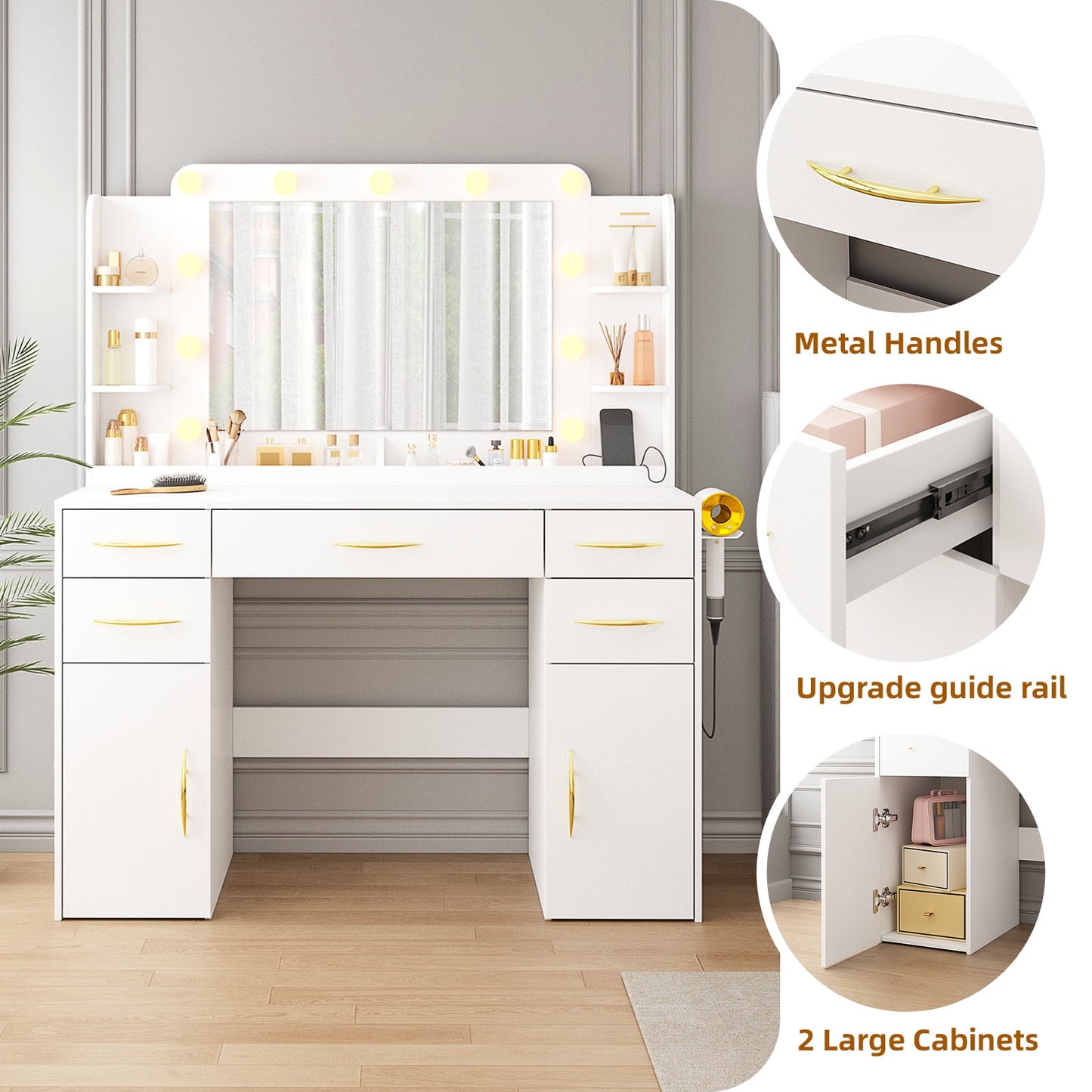 Tomnk woo White Vanity Desk with Mirror, Lights, Drawers, Cabinets, Shelves & Power Outlet,45.5"