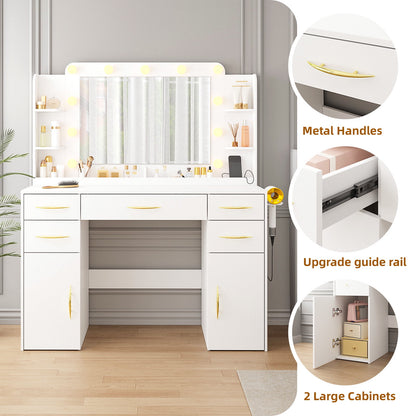 Tomnk woo White Vanity Desk with Mirror, Lights, Drawers, Cabinets, Shelves & Power Outlet,45.5"