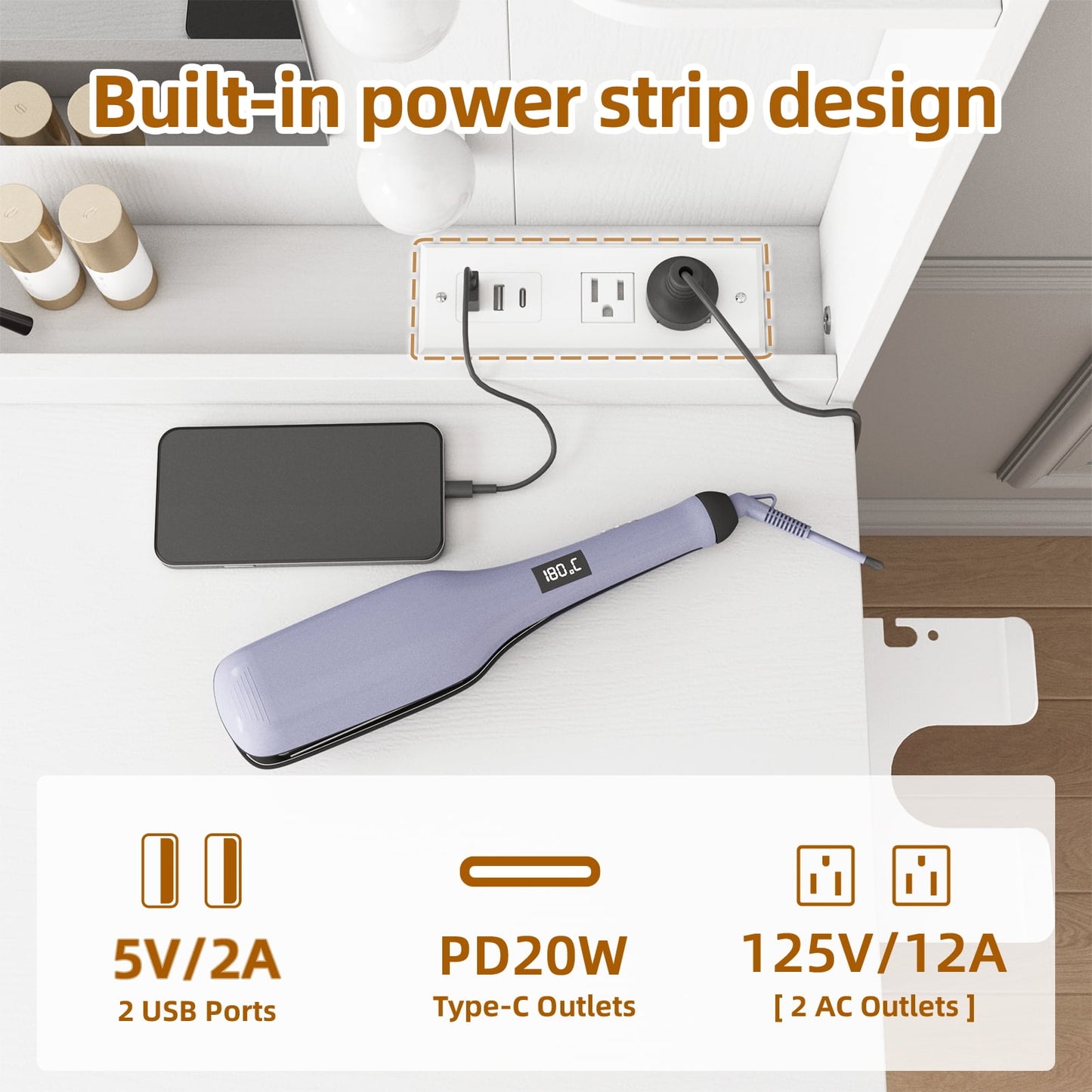 Tomnk woo White Vanity Desk with Mirror, Lights, Drawers, Cabinets, Shelves & Power Outlet,45.5"