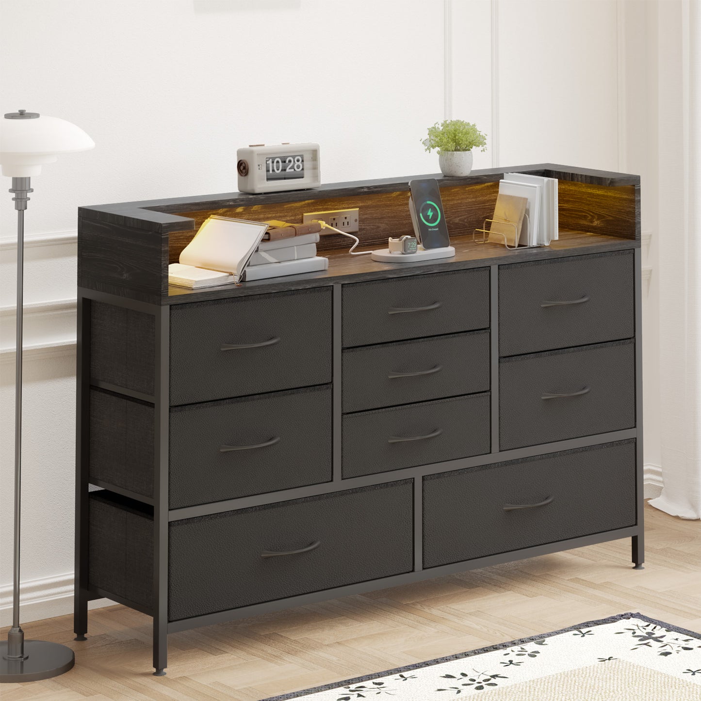Tomnk woo Black LED Dresser with 9 Drawers, Charging Station, PU Fabric Finish for Living Room, Hallway
