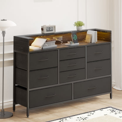 Tomnk woo Black LED Dresser with 9 Drawers, Charging Station, PU Fabric Finish for Living Room, Hallway