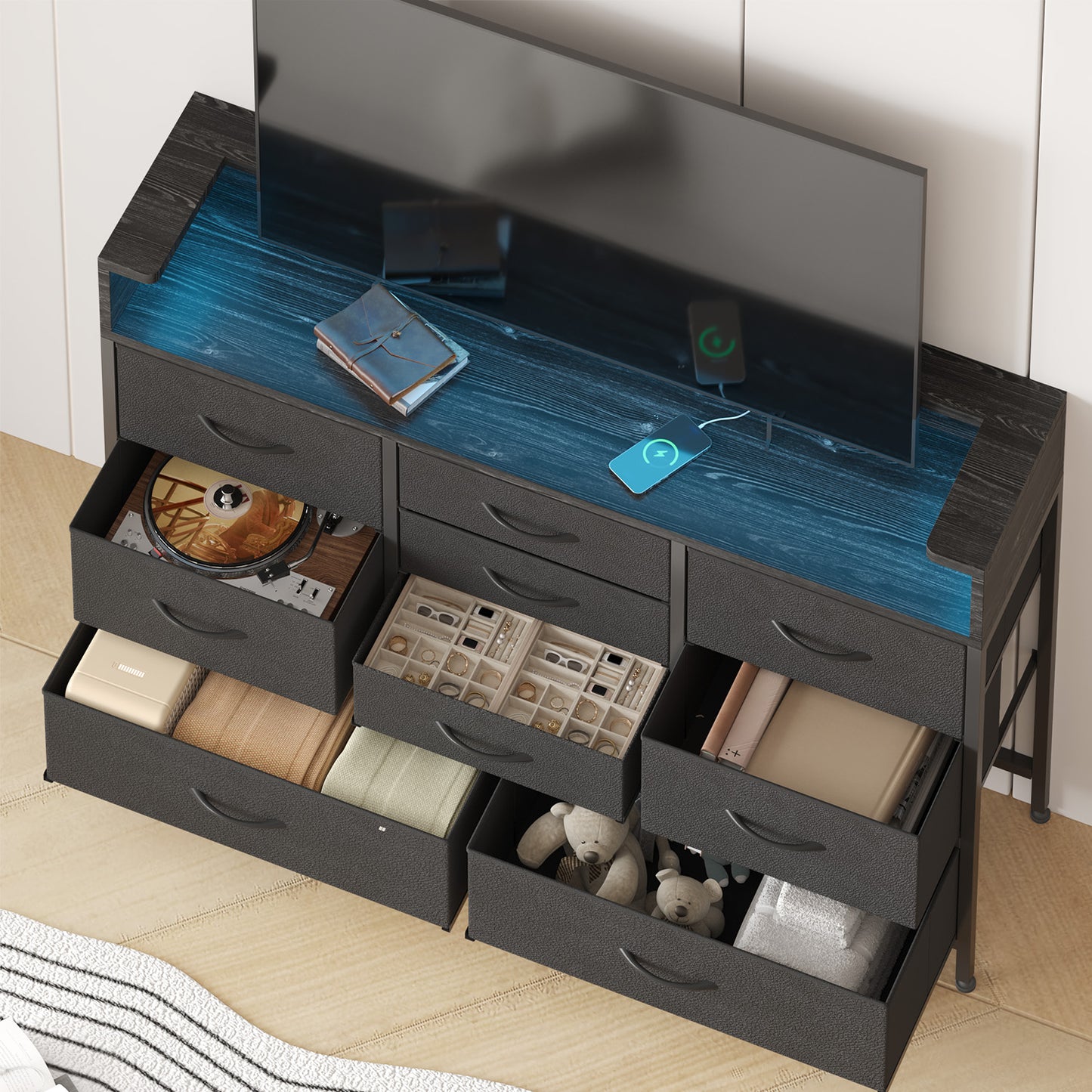 Tomnk woo Black LED Dresser with 9 Drawers, Charging Station, PU Fabric Finish for Living Room, Hallway