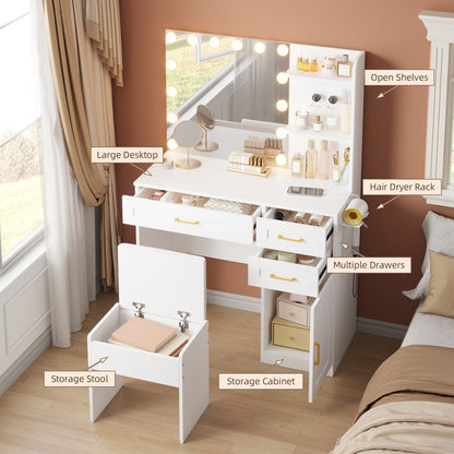 Tomnk White Vanity with Lights Mirrors, Makeup Vanity Desk with Drawers and Chair, Power Outlet