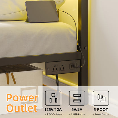 Tomnk woo Twin Bed Frame with LED Lights, Charging Station, Metal Slats, Sturdy & Modern Design, Black