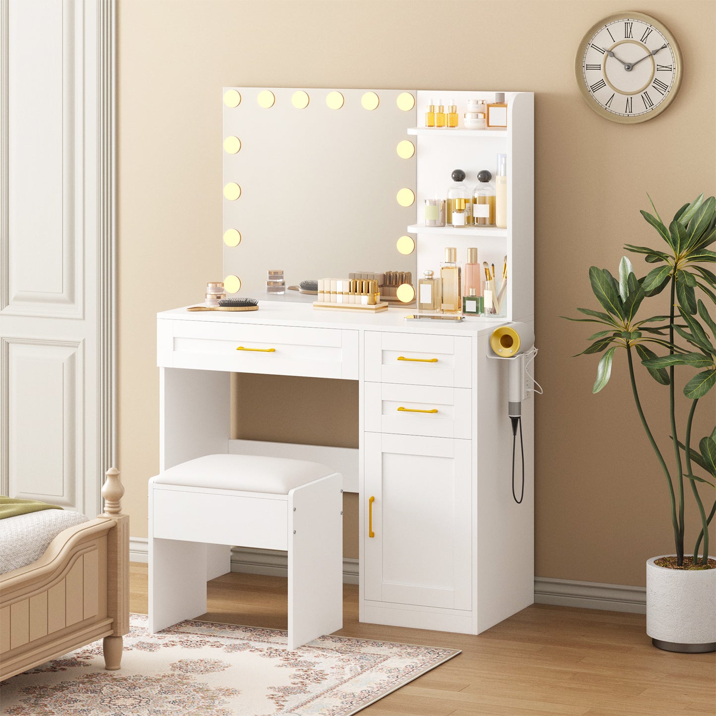 Tomnk White Vanity with Lights Mirrors, Makeup Vanity Desk with Drawers and Chair, Power Outlet