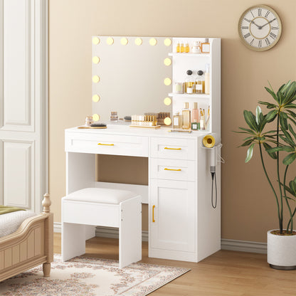 Tomnk White Vanity with Lights Mirrors, Makeup Vanity Desk with Drawers and Chair, Power Outlet