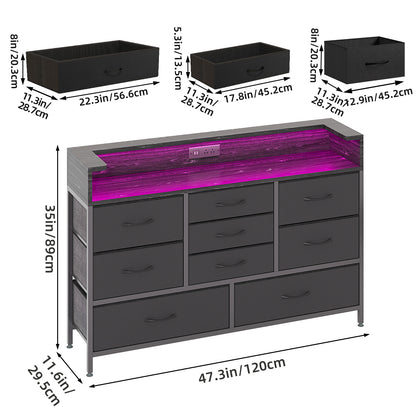 Tomnk woo Black LED Dresser with 9 Drawers, Charging Station, PU Fabric Finish for Living Room, Hallway