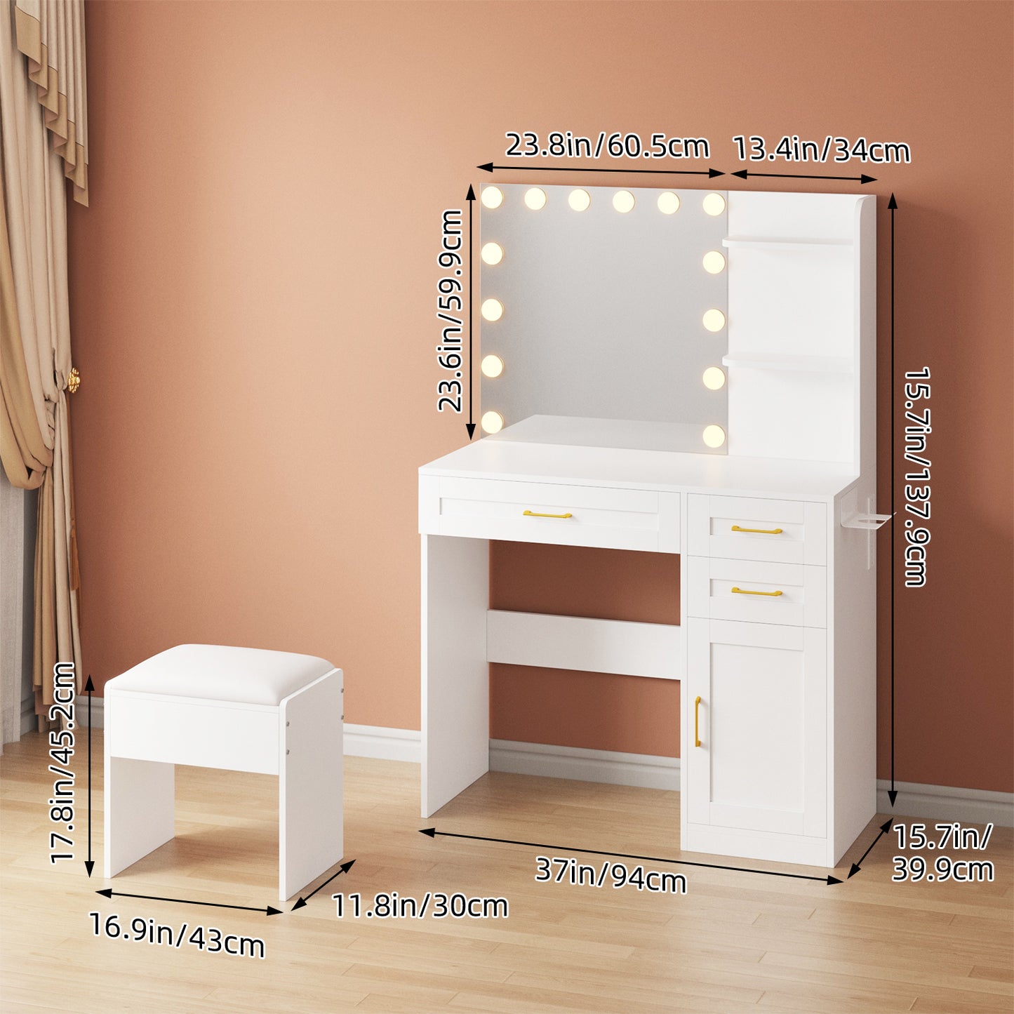 Tomnk White Vanity with Lights Mirrors, Makeup Vanity Desk with Drawers and Chair, Power Outlet