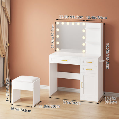 Tomnk White Vanity with Lights Mirrors, Makeup Vanity Desk with Drawers and Chair, Power Outlet