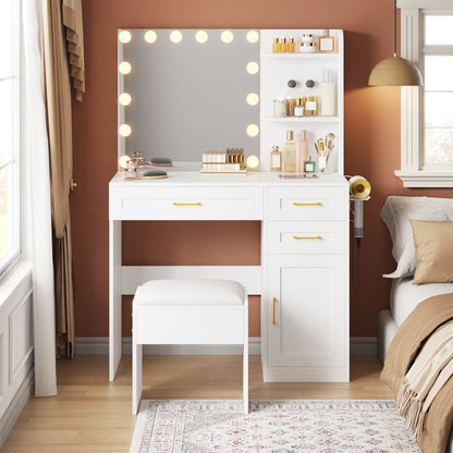 Tomnk White Vanity with Lights Mirrors, Makeup Vanity Desk with Drawers and Chair, Power Outlet