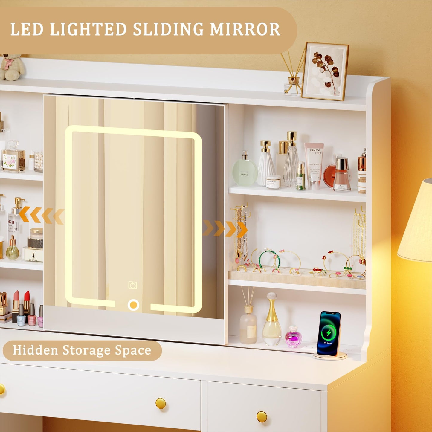 Tomnk woo Vanity Desk with Sliding LED Mirror, 3 Light Modes, 5 Drawers, 2 Cabinets, White, for Bedroom