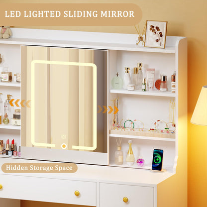 Tomnk woo Vanity Desk with Sliding LED Mirror, 3 Light Modes, 5 Drawers, 2 Cabinets, White, for Bedroom