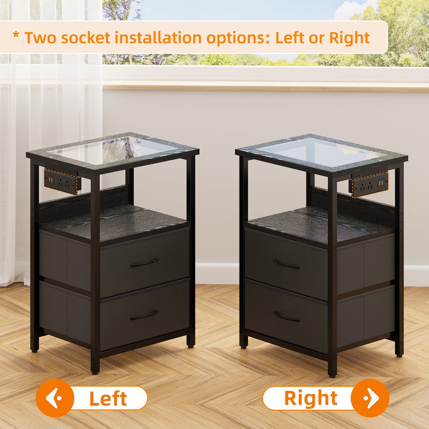 TOMNK Nightstand with LED Lights & Charging Station, Side Table with Tempered Glass Top, USB Ports & Outlets, Fabric Drawers for Bedroom/Living Room, Black