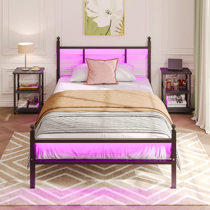Tomnk woo Twin Bed Frame with LED Lights, Charging Station, Metal Slats, Sturdy & Modern Design, Black