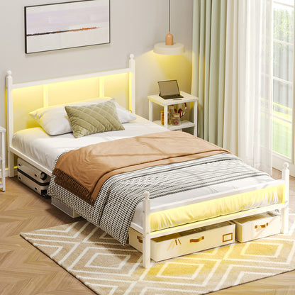 Tomnk woo Twin Bed Frame with LED Lights, Charging Station, Metal Slats, Sturdy & Modern Design, White