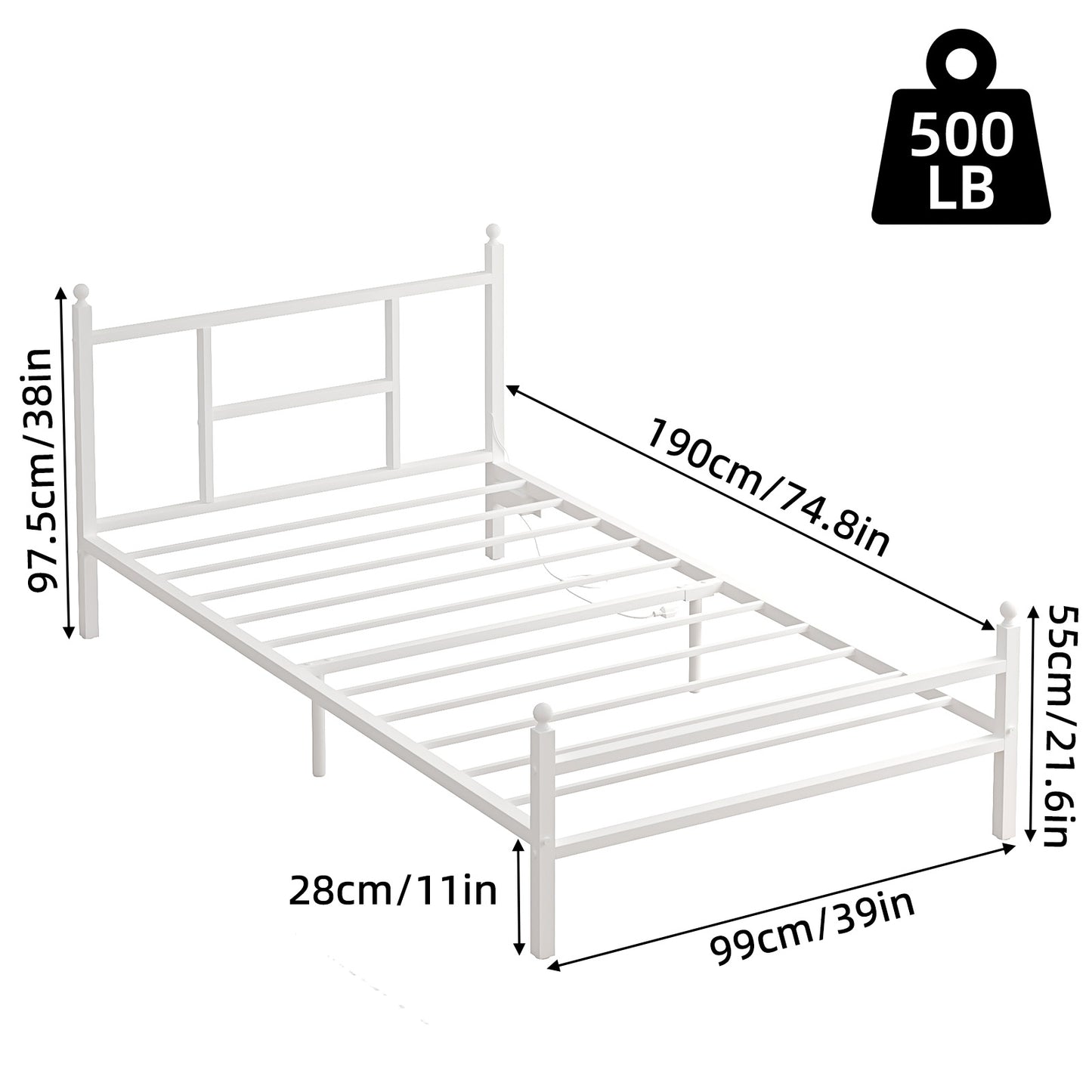 Tomnk woo Twin Bed Frame with LED Lights, Charging Station, Metal Slats, Sturdy & Modern Design, White