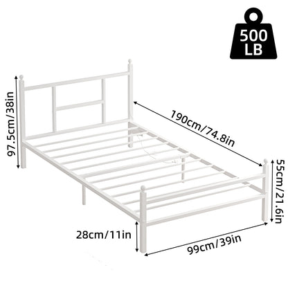 Tomnk woo Twin Bed Frame with LED Lights, Charging Station, Metal Slats, Sturdy & Modern Design, White